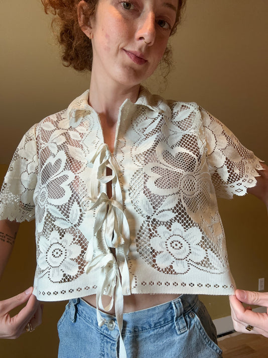 upcycled vintage lace front tie shirt