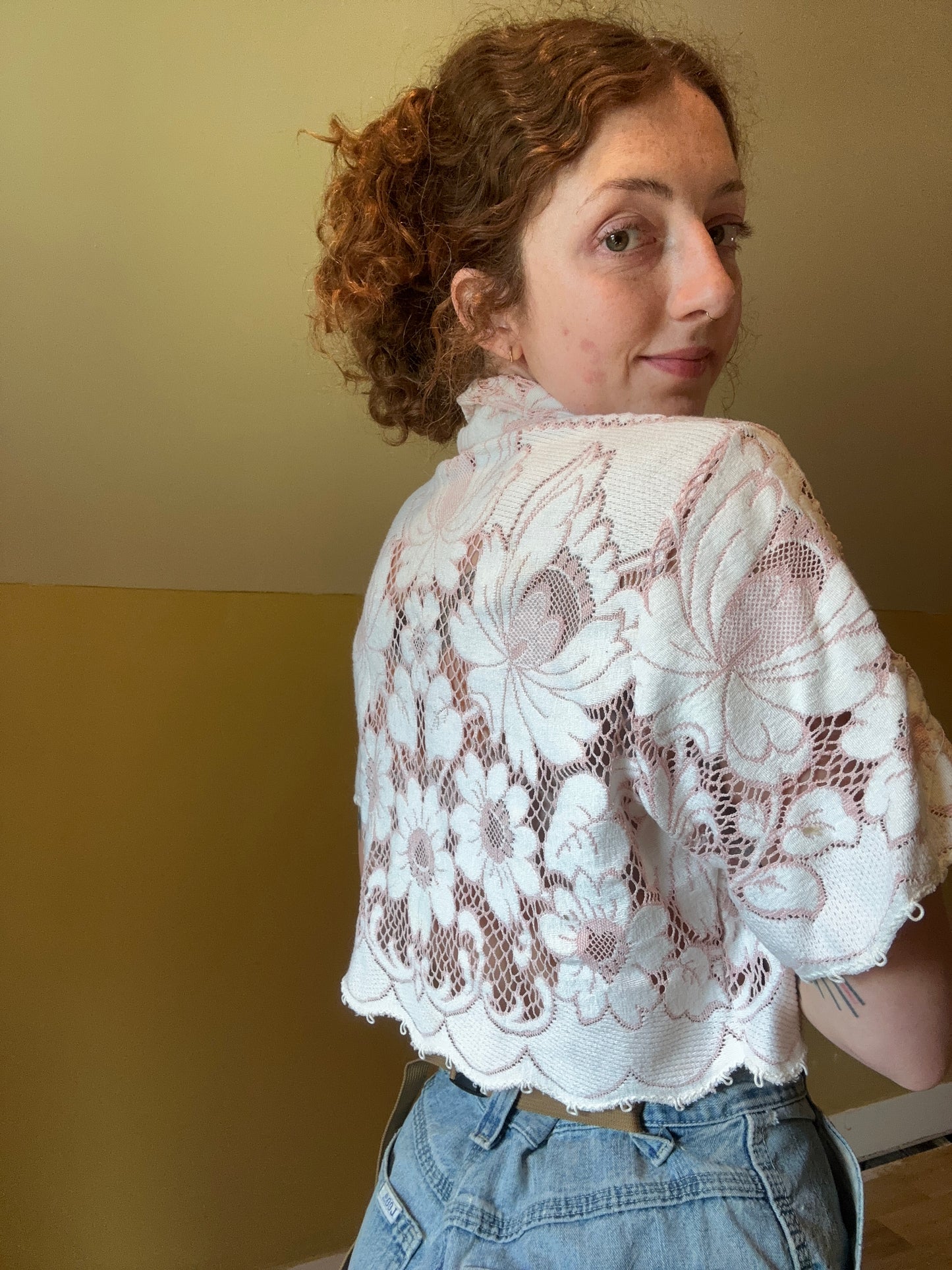 upcycled vintage Quaker lace button up shirt