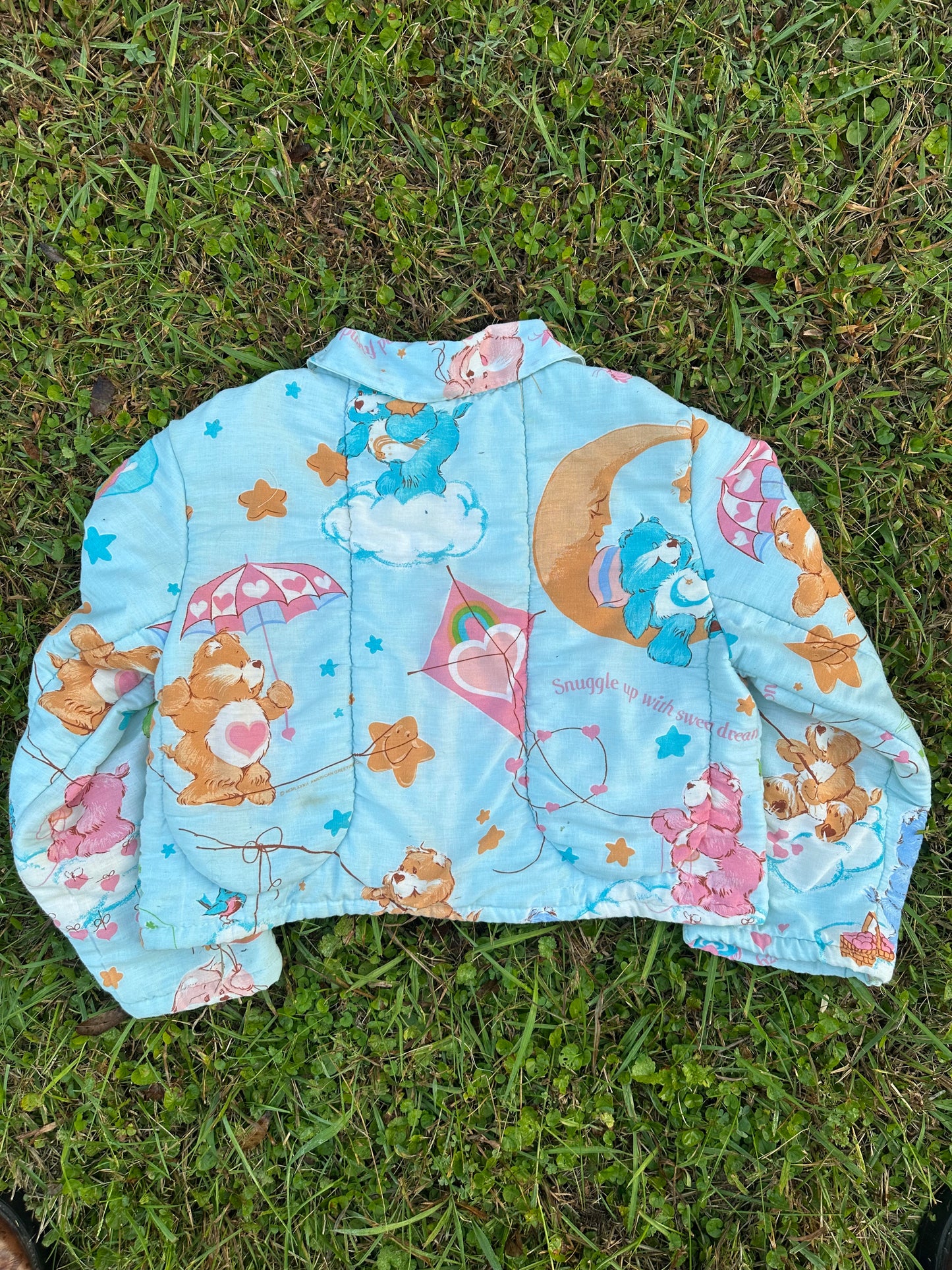 upcycled vintage carebears sleeping bag coat