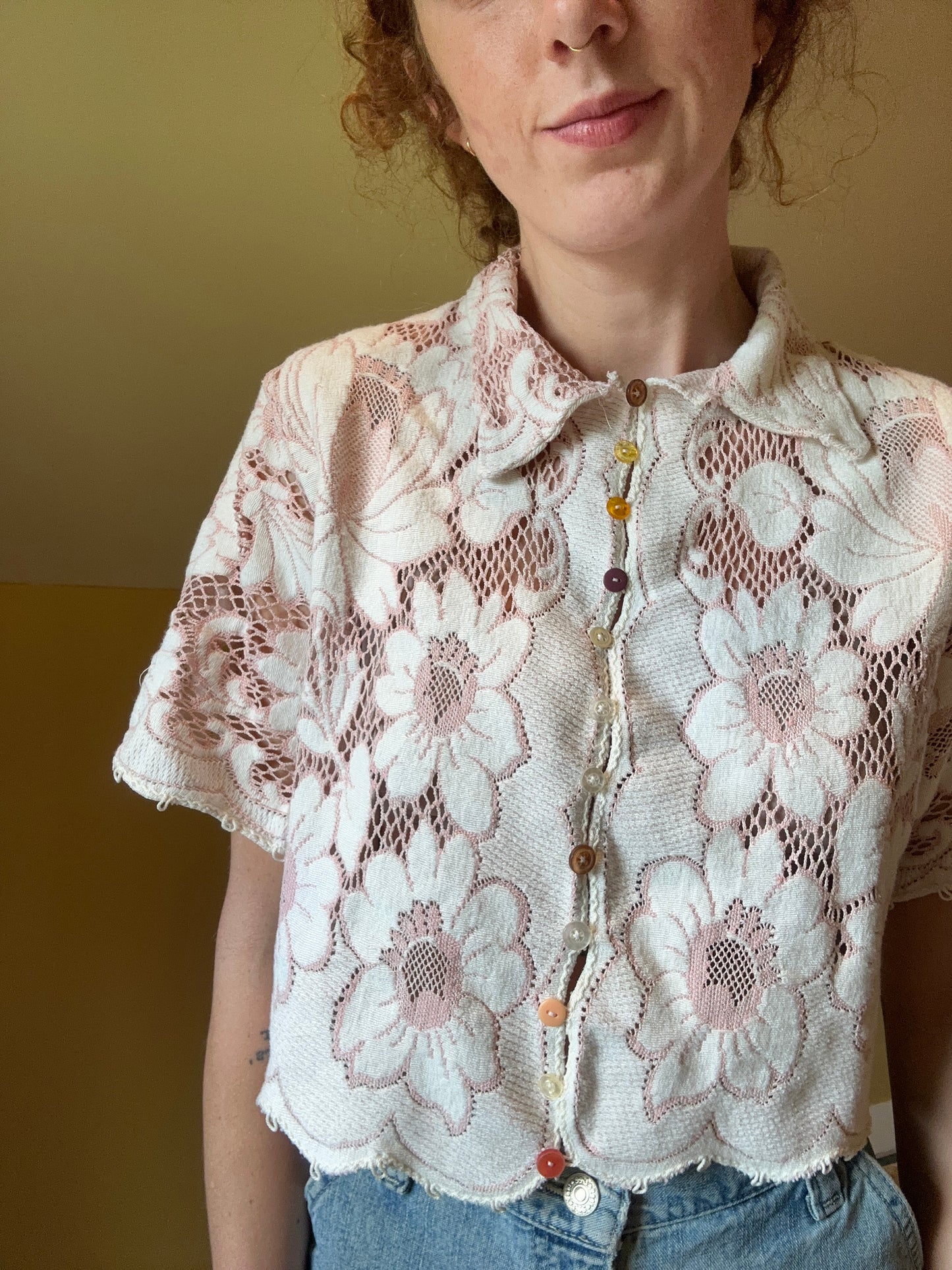 upcycled vintage Quaker lace button up shirt