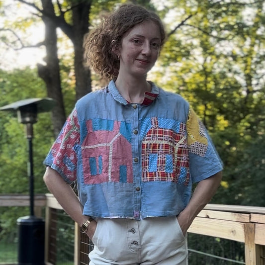 upcycled house quilt topper button up