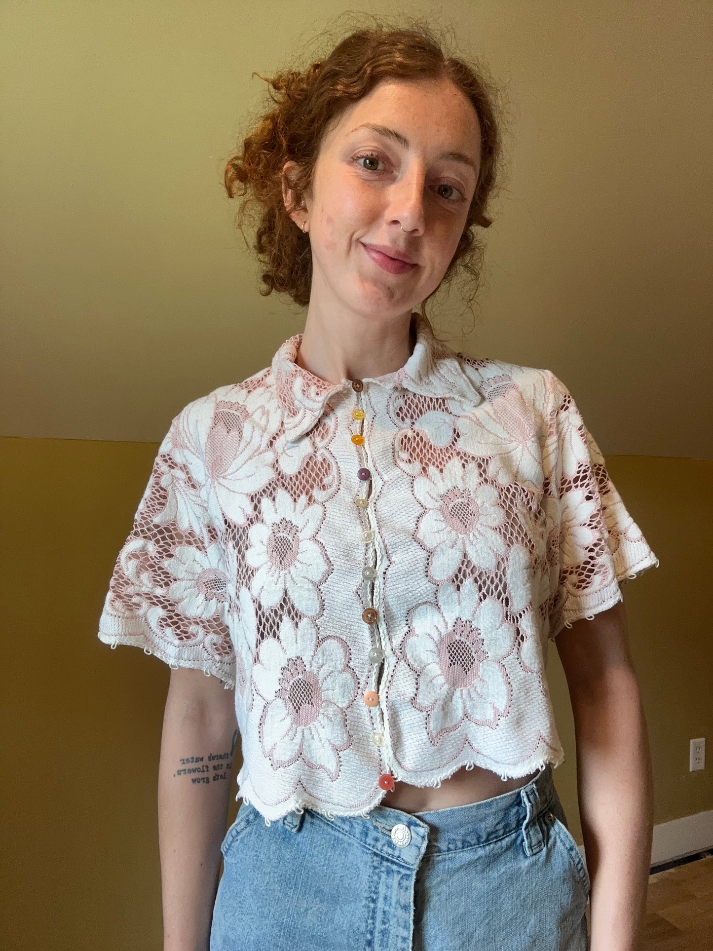 upcycled vintage Quaker lace button up shirt
