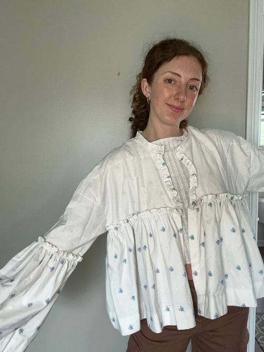Upcycled Blue + White Eyelet Cardigan