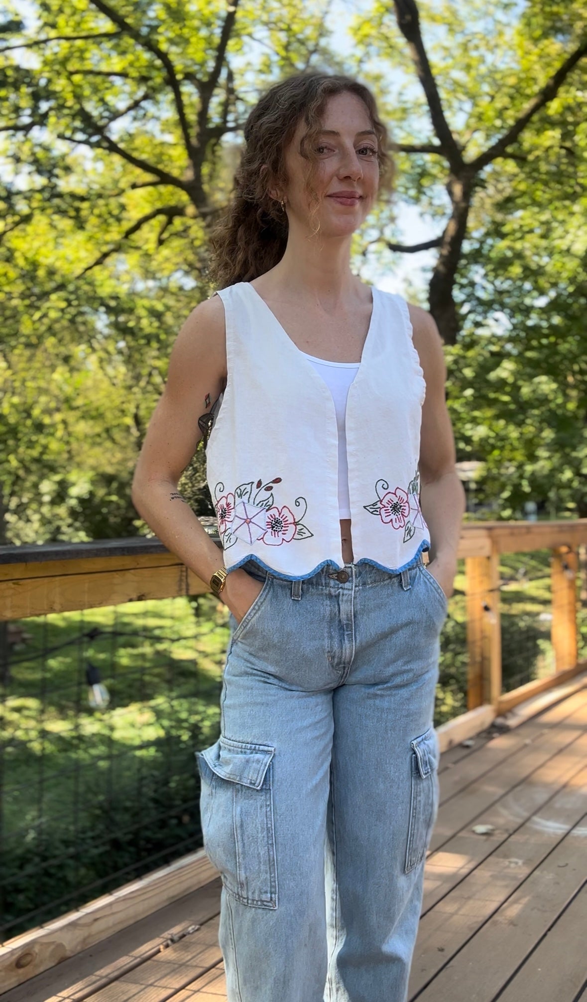 upcycled hand embroidered morning glory vest