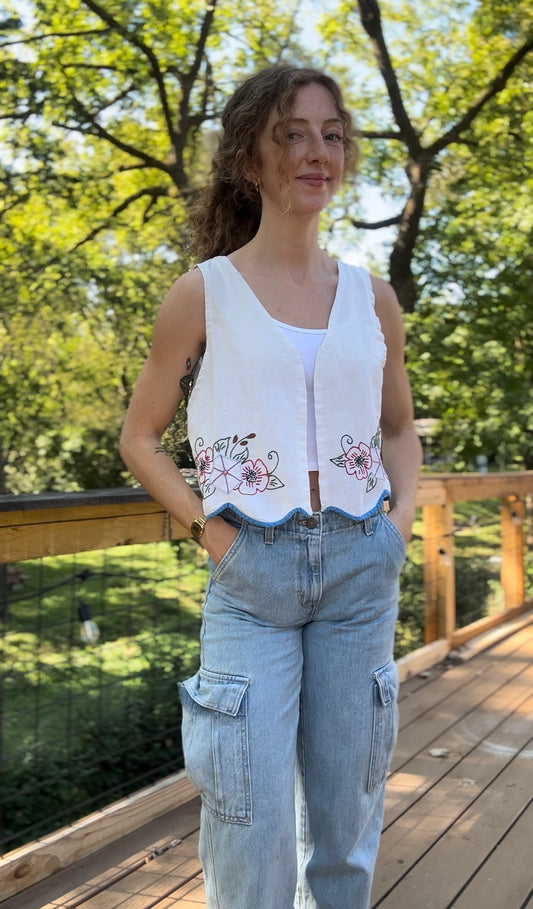 upcycled hand embroidered morning glory vest