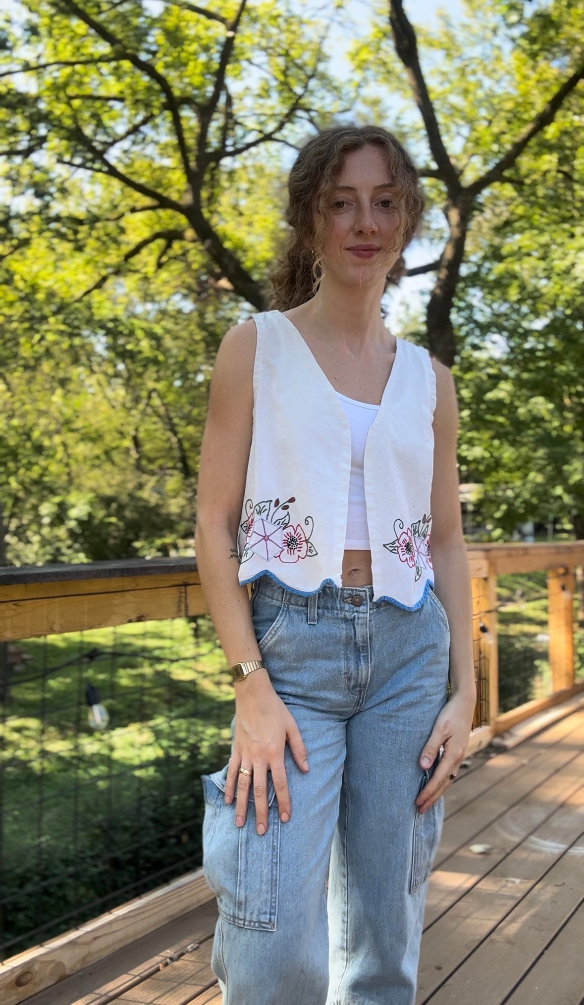 upcycled hand embroidered morning glory vest