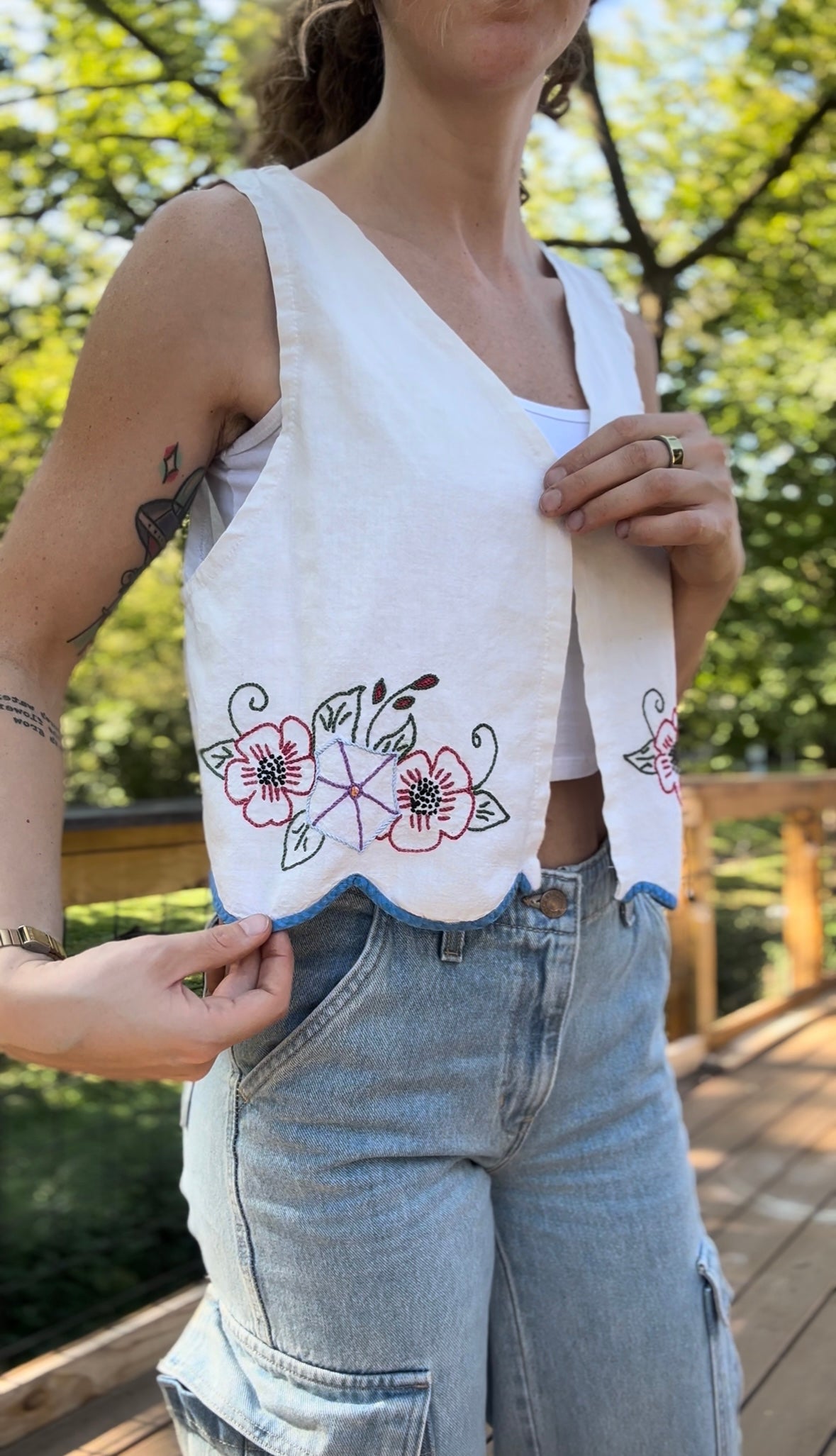 upcycled hand embroidered morning glory vest