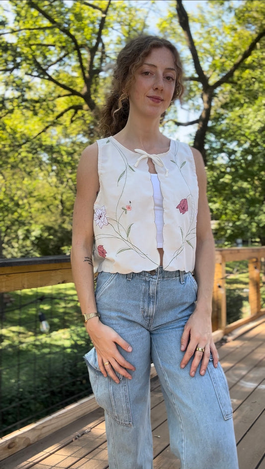 upcycled vintage tablelcoth vest